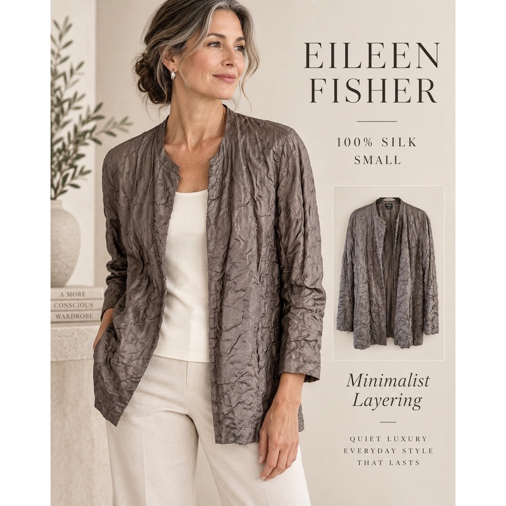 Eileen Fisher Small 100% Silk Crinkle Open Front Jacket Taupe Minimalist